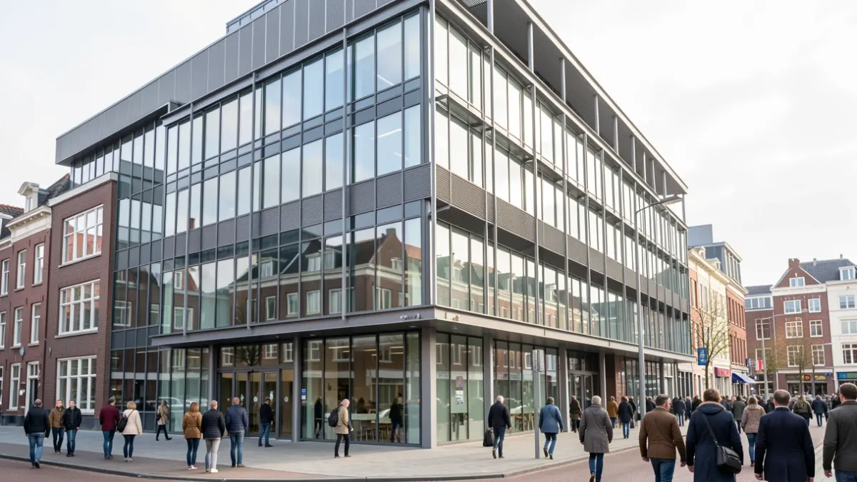 Modern kantoorgebouw met duurzaam architecturaal ontwerp in een Vlaamse stedelijke omgeving.